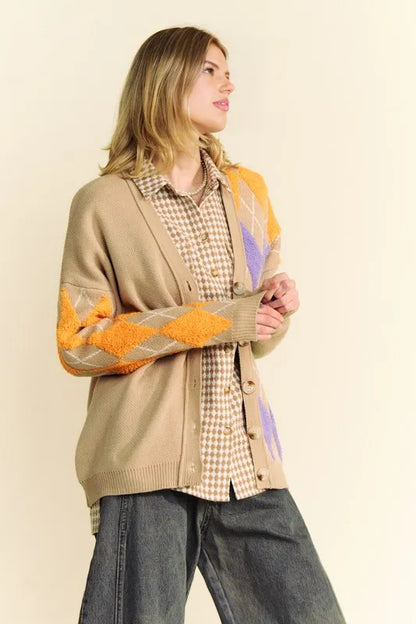 Davi & Dani Argyle V-Neck Dropped Shoulder Cardigan Easy Apparels