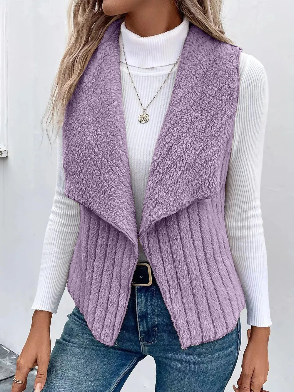 Open Front Fuzzy Vest Coat Lilac Easy Apparels