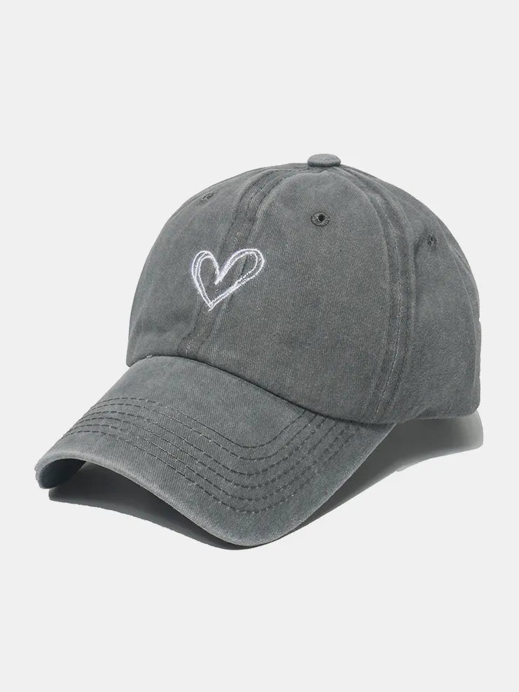 Embroidered Heart Washed Cotton Baseball Cap Gray One Size Easy Apparels