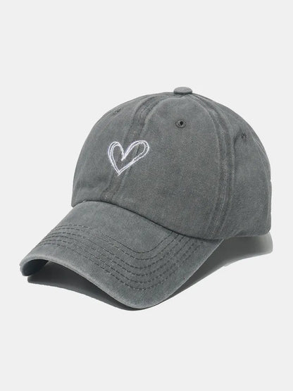 Embroidered Heart Washed Cotton Baseball Cap Gray One Size Easy Apparels