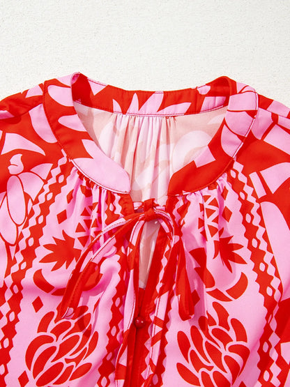 Trendsi Floral Print Tie-Neck Button Down Shirt