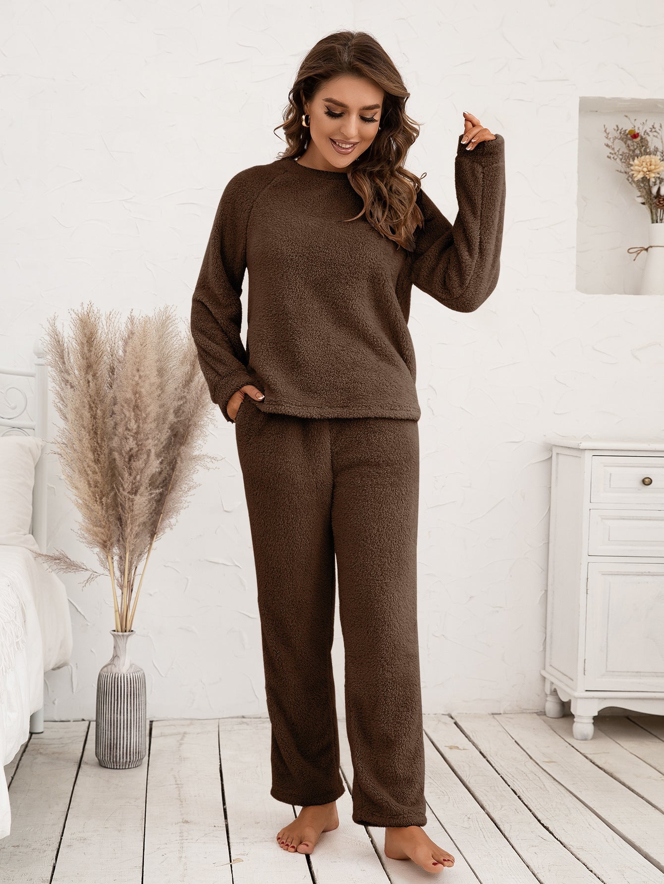 Ivy Lane Teddy Long Sleeve Top and Pants Lounge Set Chocolate Easy Apparels