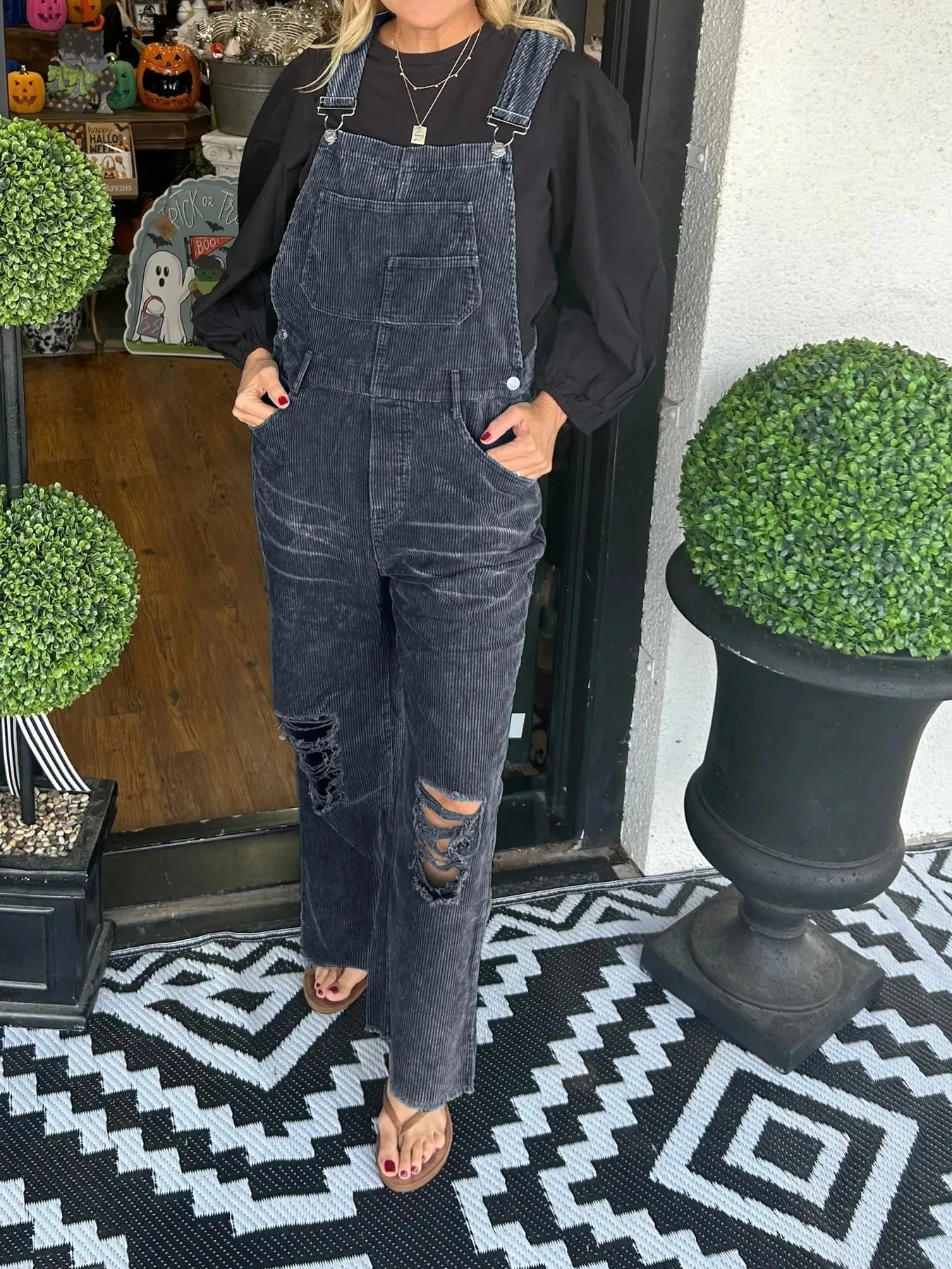 Distressed Wide Leg Corduroy Overalls Black Easy Apparels