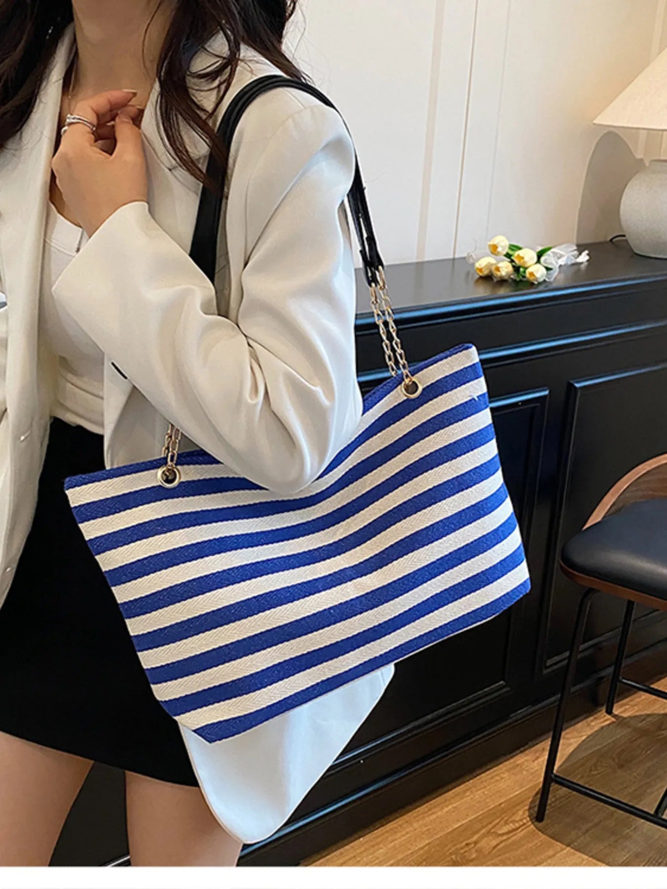 Striped Shoulder Bag with Chain Detail Easy Apparels