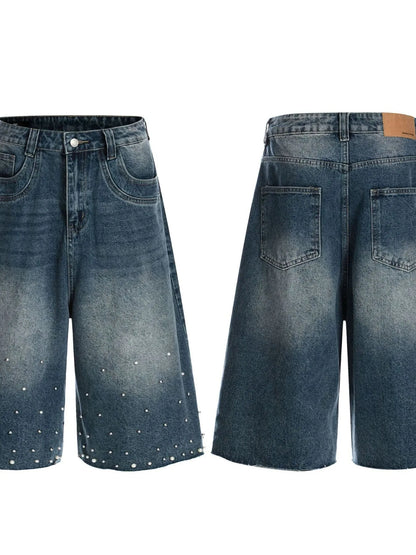 Men's Pearl Embellished Wide Leg Denim Shorts Easy Apparels