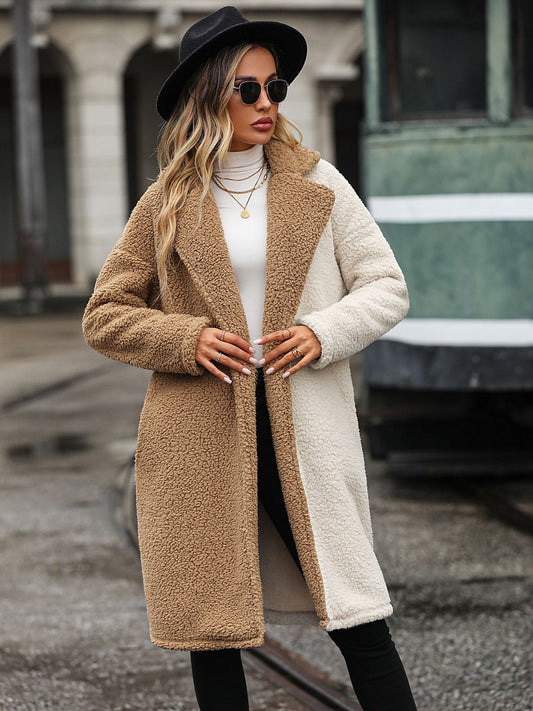 Contrast Dropped Shoulder Sherpa Coat Camel Easy Apparels
