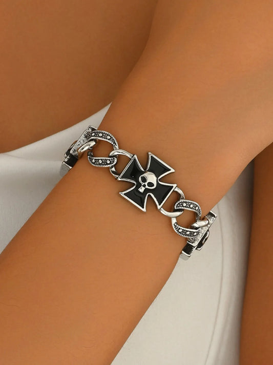 Gothic Skull Cross Chain Bracelet Silver One Size Easy Apparels