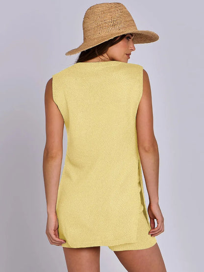 Side Slit Round Neck Tank and Ribbed Shorts Sweater Set Easy Apparels