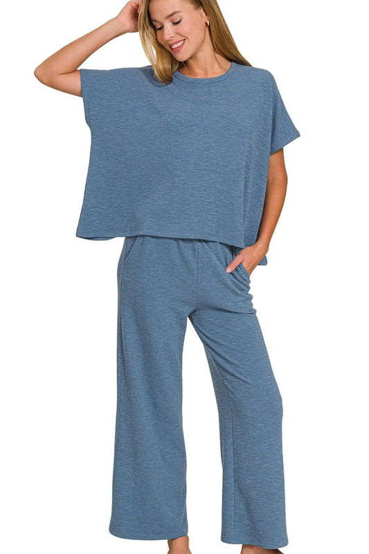 Zenana Cotton Slub Top & Pants Set DUSTY BLUE Easy Apparels