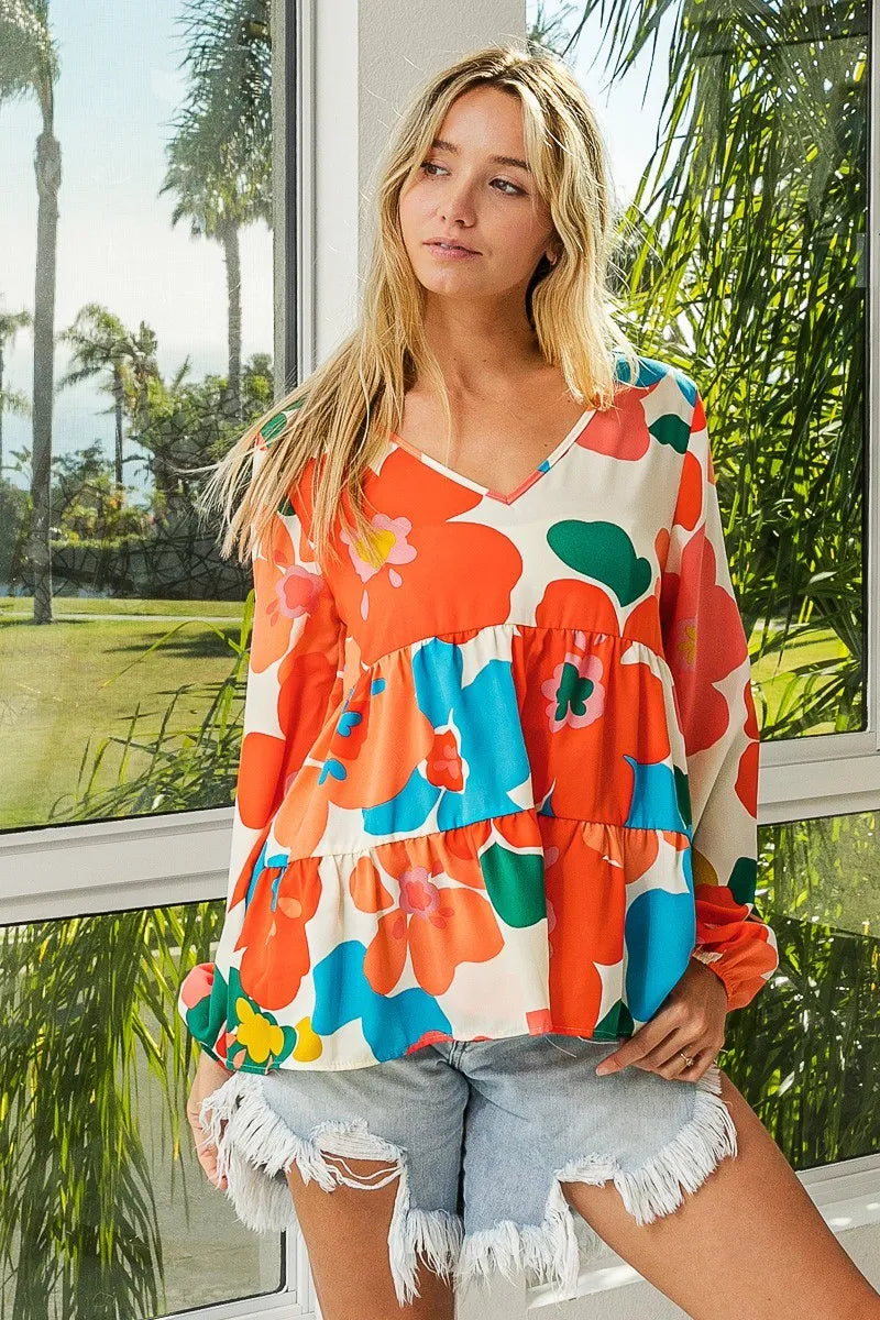 Trendsi BiBi Floral Woven Tiered V Neck Top