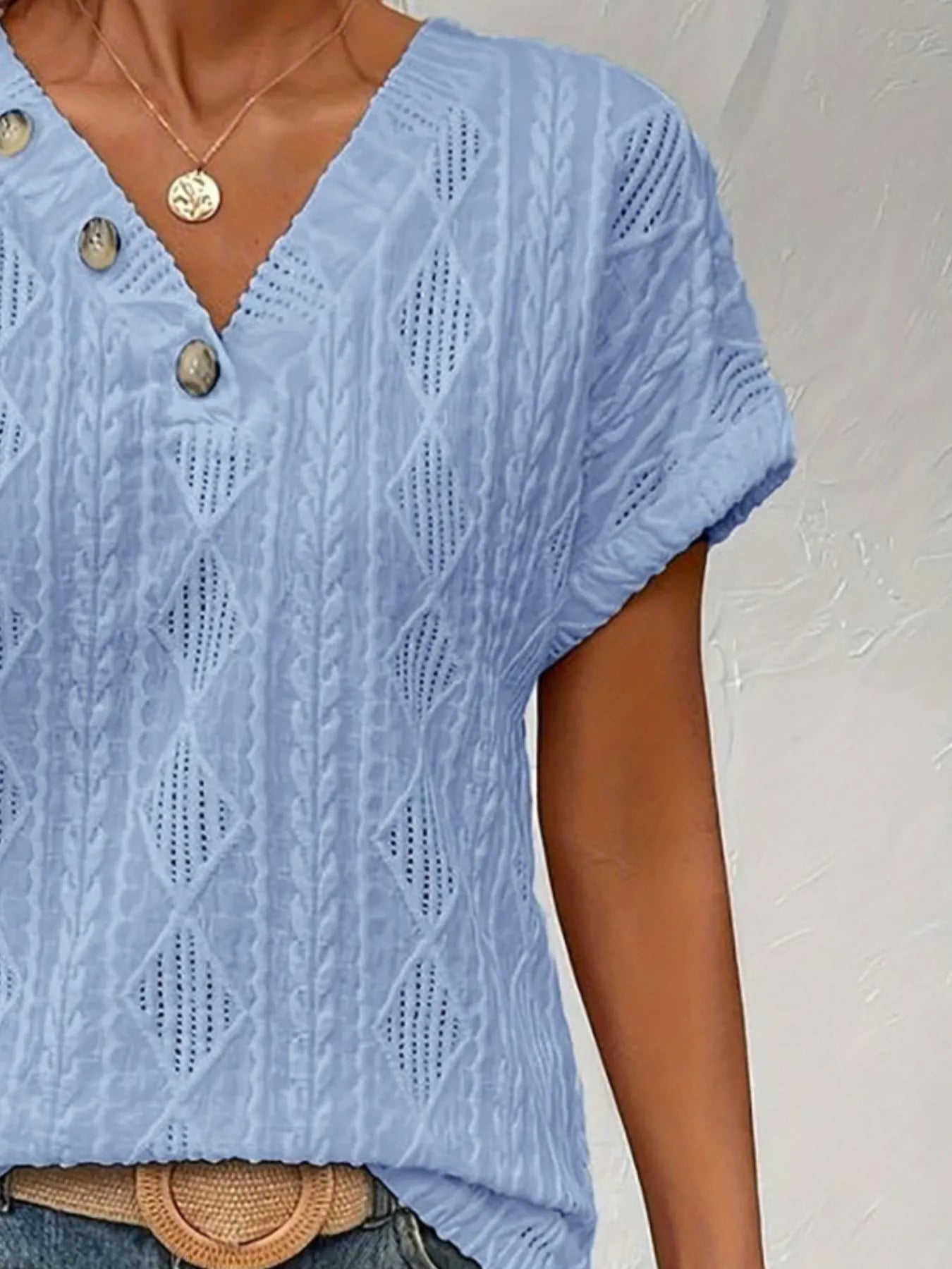 Trendsi Textured V-Neck Short Sleeve Top