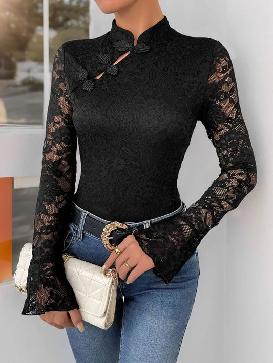 Trendsi Perfee Lace Mock Neck Long Sleeve Bodysuit Black