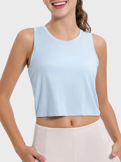 Millennia Drawstring Cutout Round Neck Active Tank Light Blue Easy Apparels