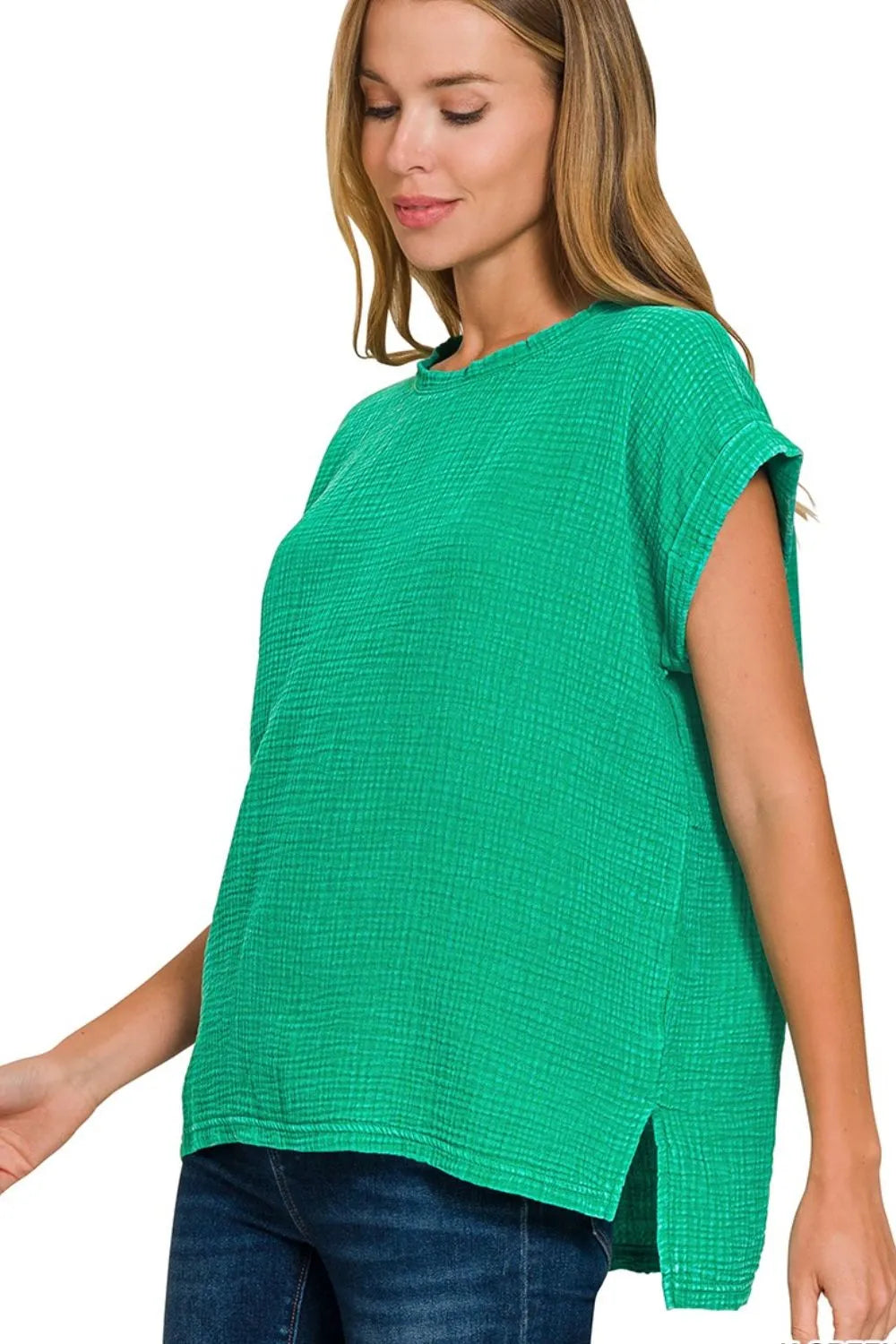 Trendsi Zenana Woven Double Gauze Acid Washed Short Sleeve Top