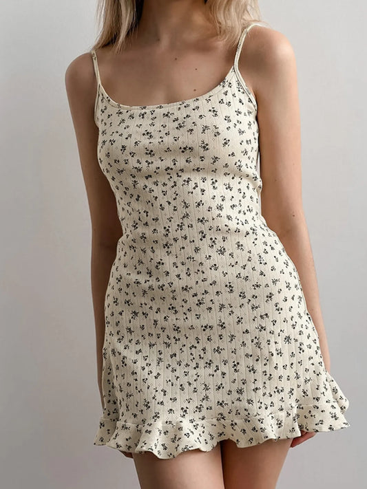 Floral Print Ruffle Hem Cami Lounge Dress Beige Easy Apparels