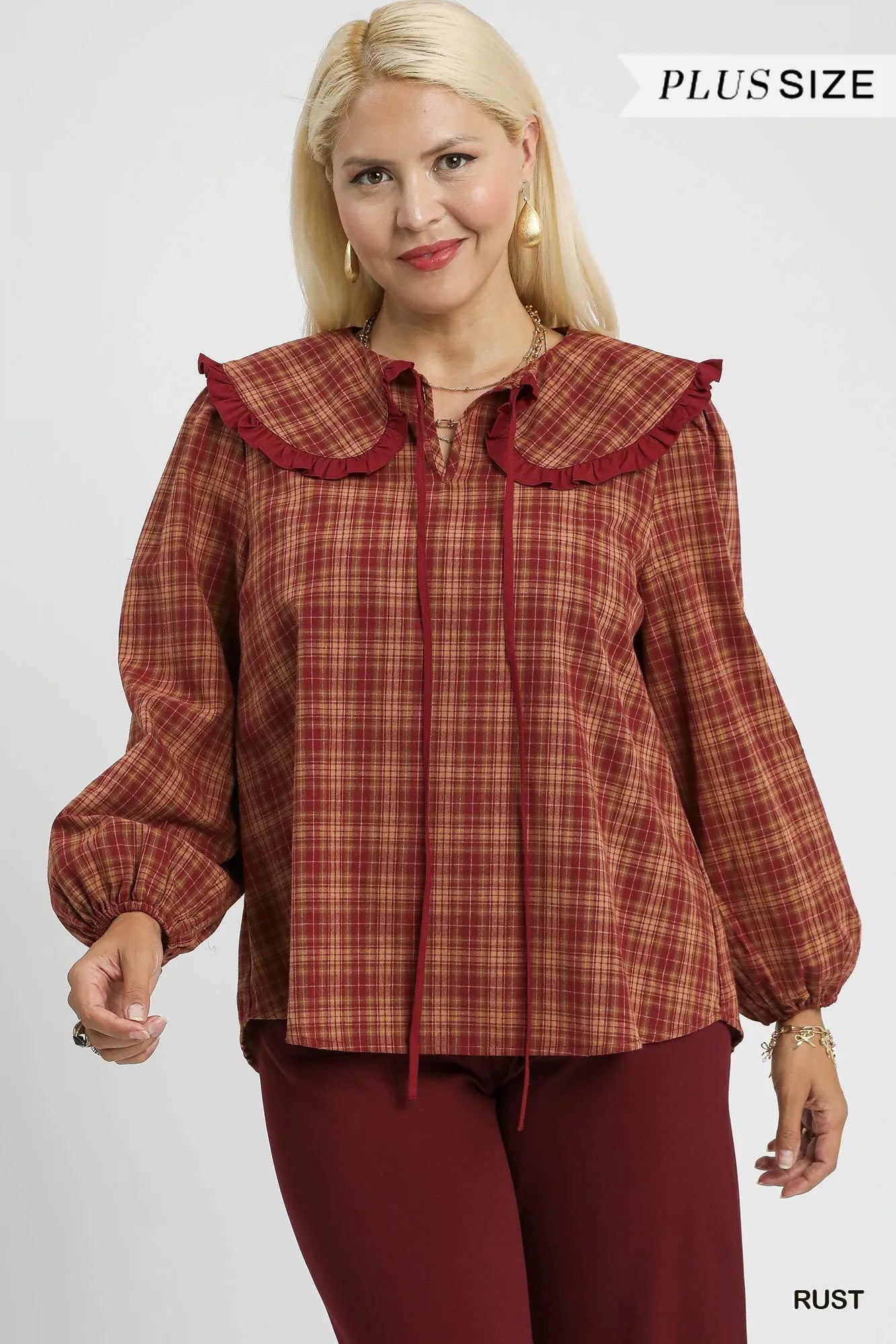 Umgee Full Size Plaid Ruffle Collar Blouse Plus Size Easy Apparels