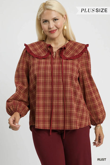 Umgee Full Size Plaid Ruffle Collar Blouse Plus Size Easy Apparels