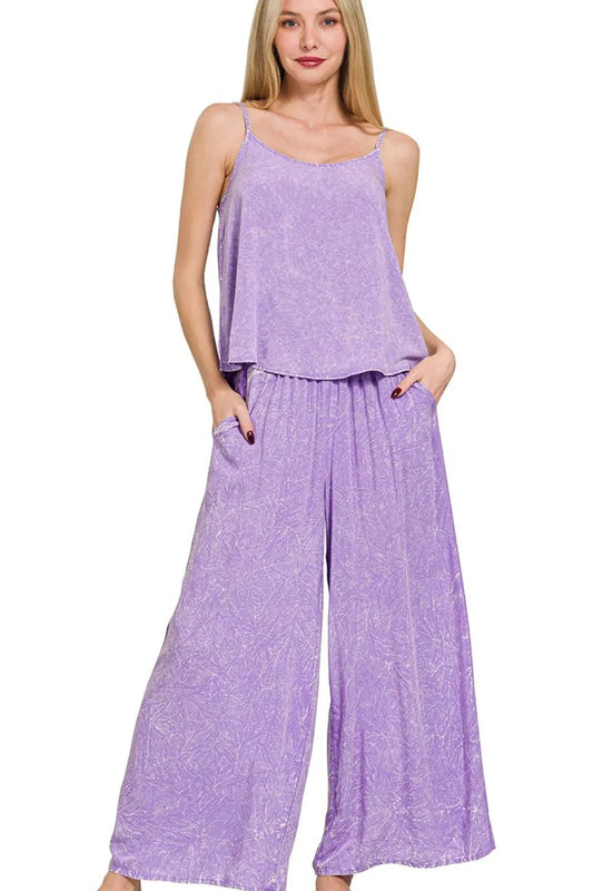 Zenana Woven Acid Crinkle Washed Cami & Pants 2 Piece Set LAVENDER Easy Apparels