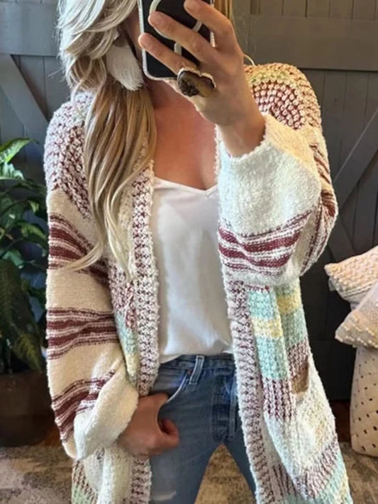 Striped Open Front Longline Cardigan Beige Easy Apparels