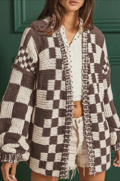 Checkered Open Front Long Sleeve Cardigan Beige Easy Apparels