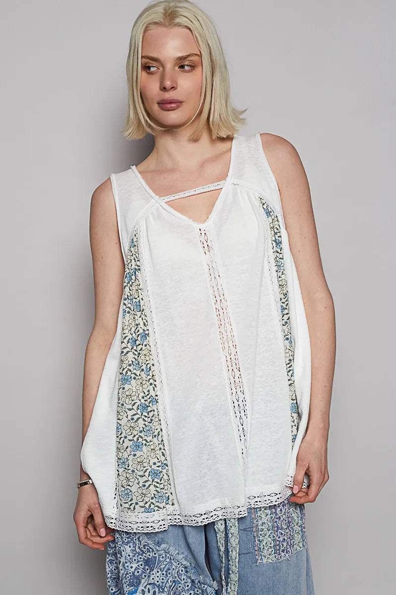 Trendsi POL V Neck Sleeveless Tank Top with Lace Detail