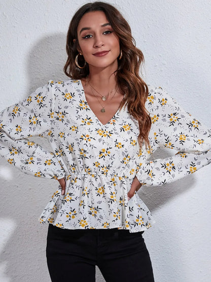 Trendsi Floral V-Neck Balloon Sleeve Peplum Blouse