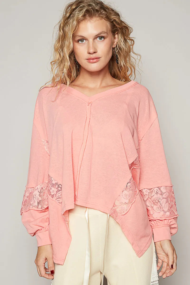 Trendsi POL V-Neck Long Sleeve T-Shirt with Lace Detail Blush Pink