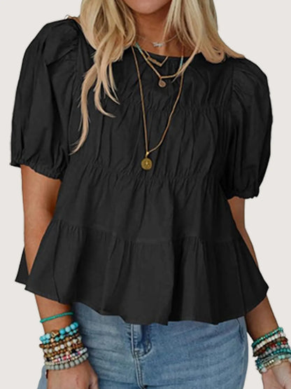 Trendsi Tiered Round Neck Puff Sleeve Ruched Blouse