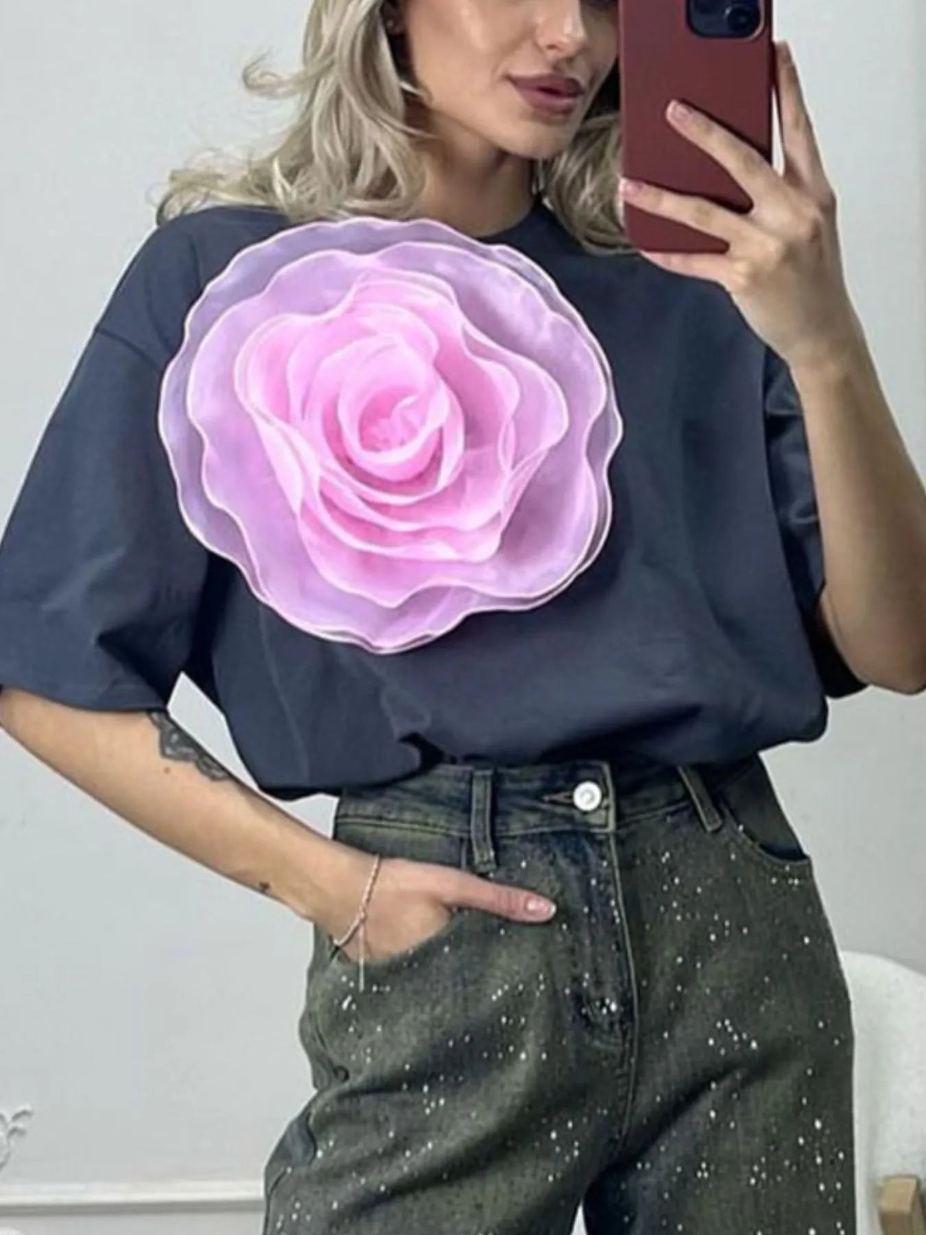 Trendsi Flower Round Neck Short Sleeve T-Shirt