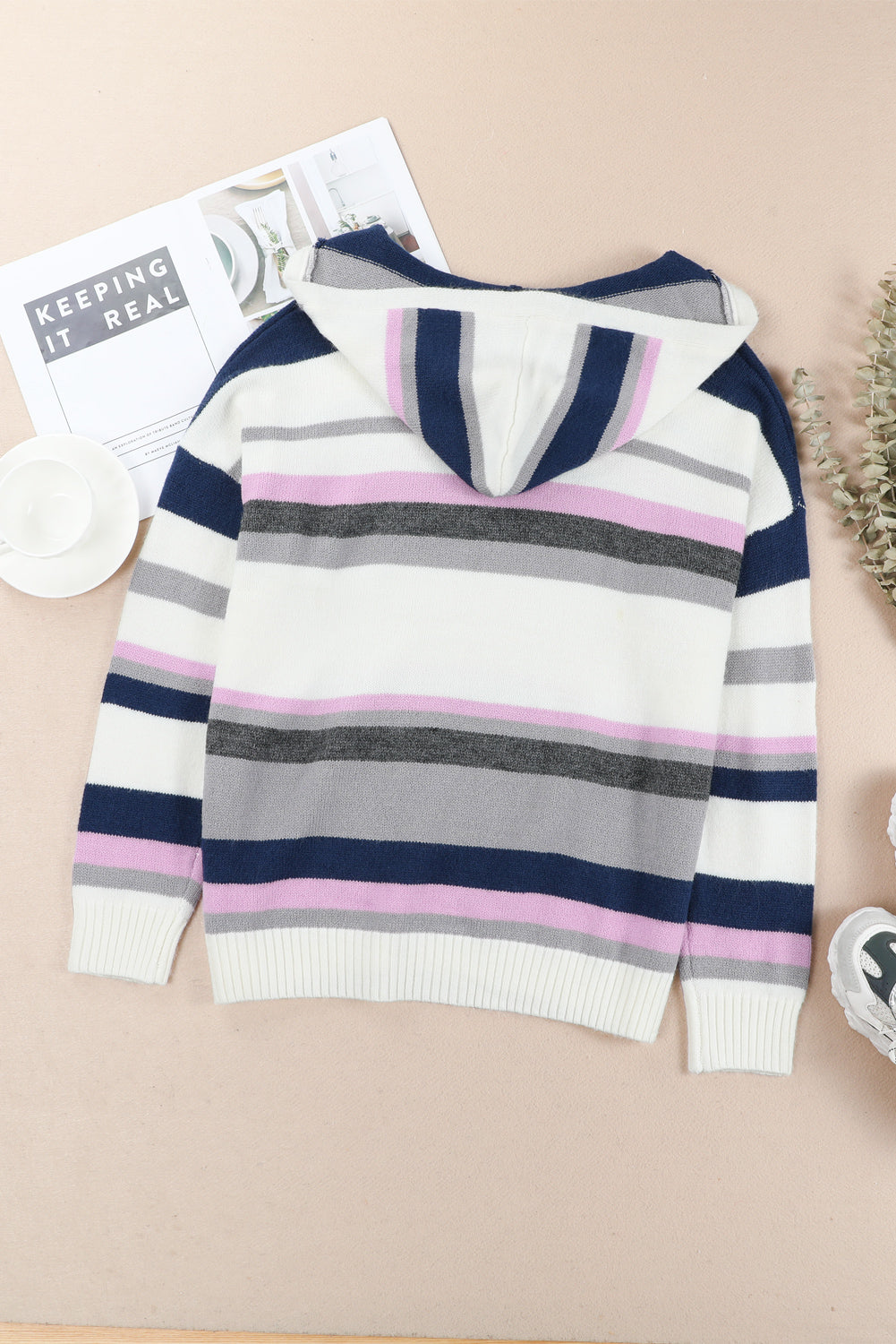 Plus Size Striped Long Sleeve Hooded Sweater Easy Apparels