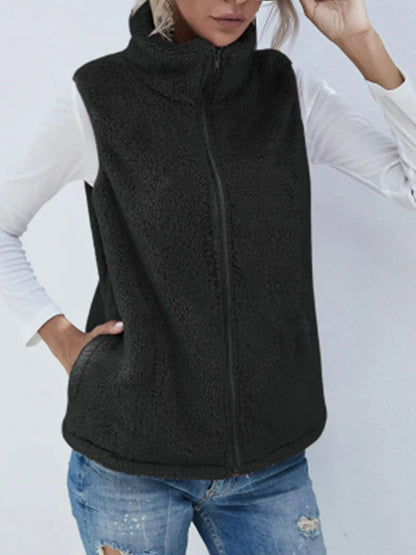 Full Size Fuzzy Zip Up Vest Coat with Pockets Black Easy Apparels