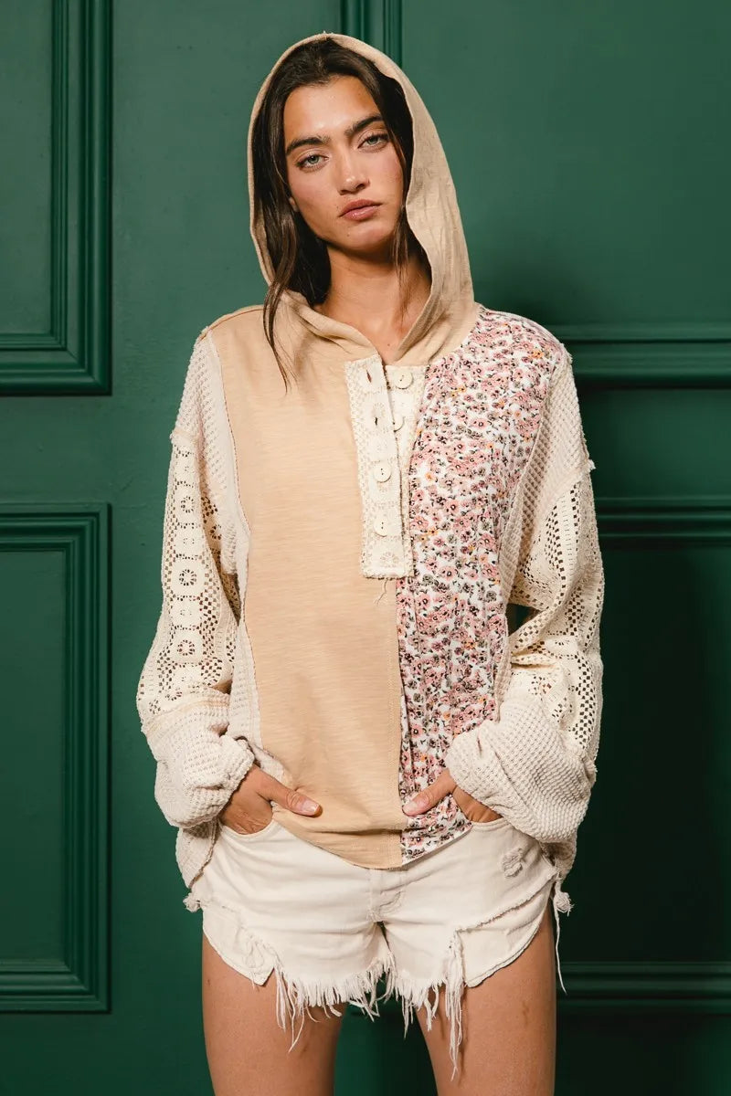 Trendsi BiBi Slub Jersey with Lace Combo Buttoned Hoodie Top