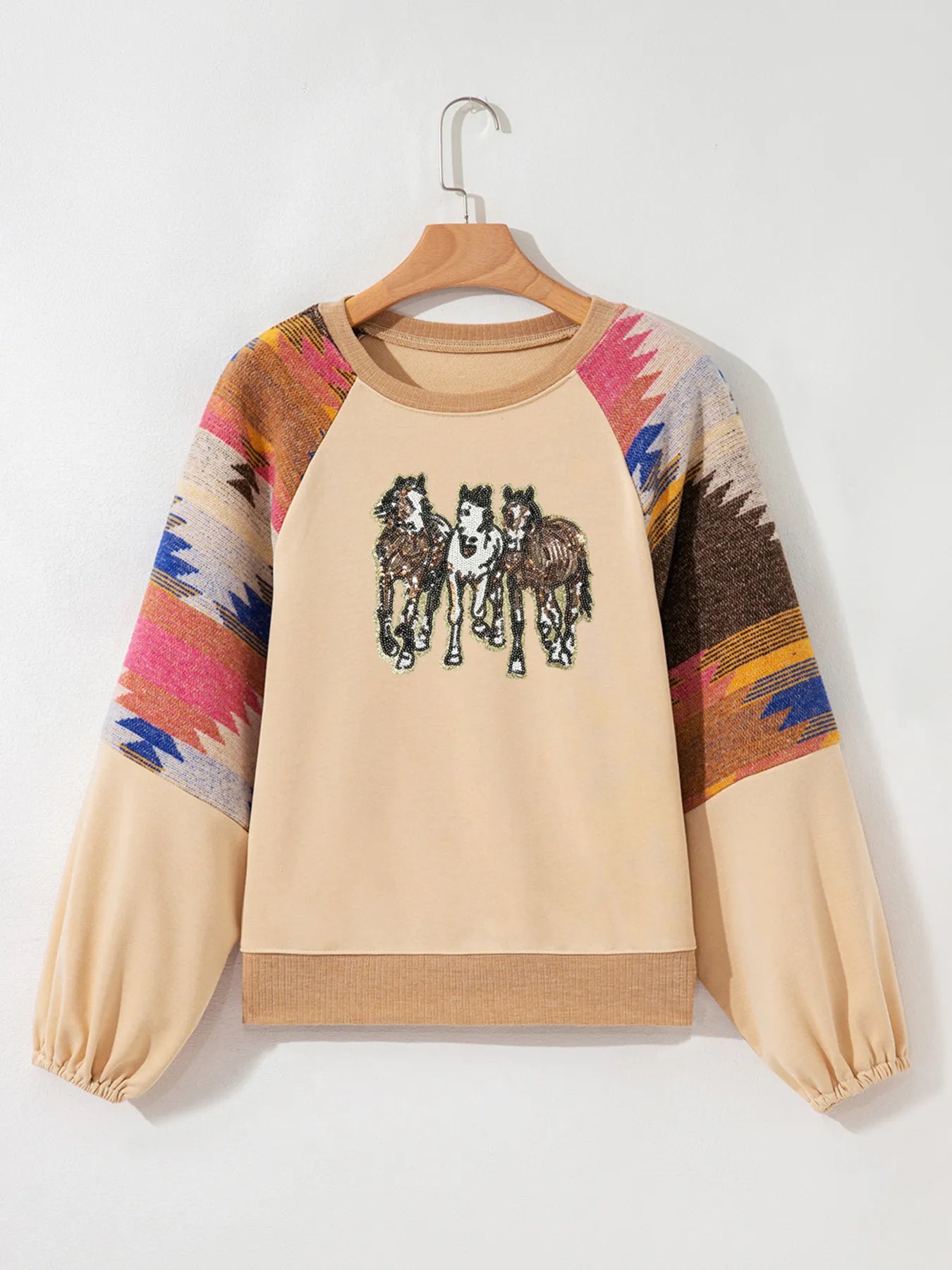 Trendsi Sequined Western Horses Bubble Sleeve Sweatshirt