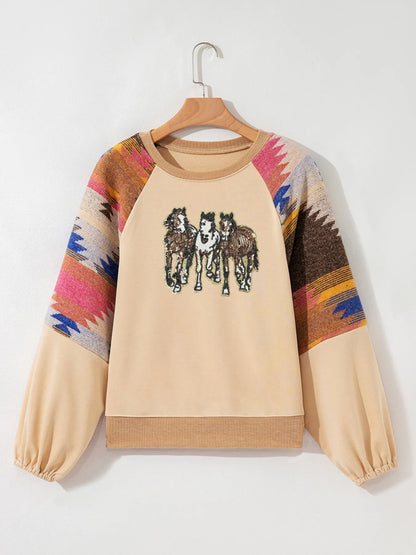 Trendsi Sequined Western Horses Bubble Sleeve Sweatshirt