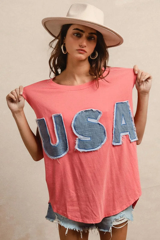 Trendsi BiBi Washed Jersey With Usa Patched Raw Cut Edge Detail CORAL DENIM
