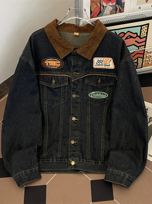Men's Plus Size Corduroy Collar Button Up Denim Jacket Blue Easy Apparels