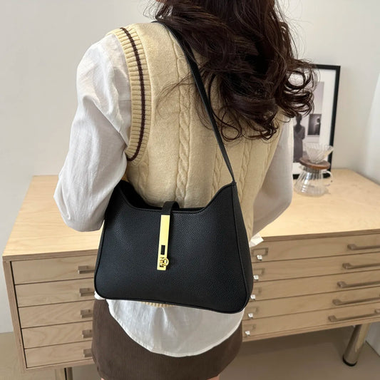 Leather Shoulder Bag with Gold Accent Black onesize Easy Apparels
