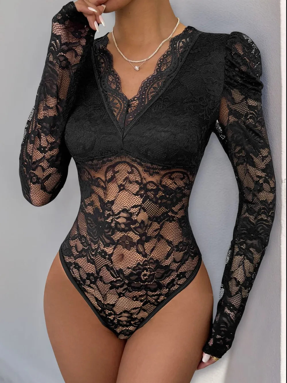 Trendsi Perfee Lace V-Neck Long Sleeve Bodysuit