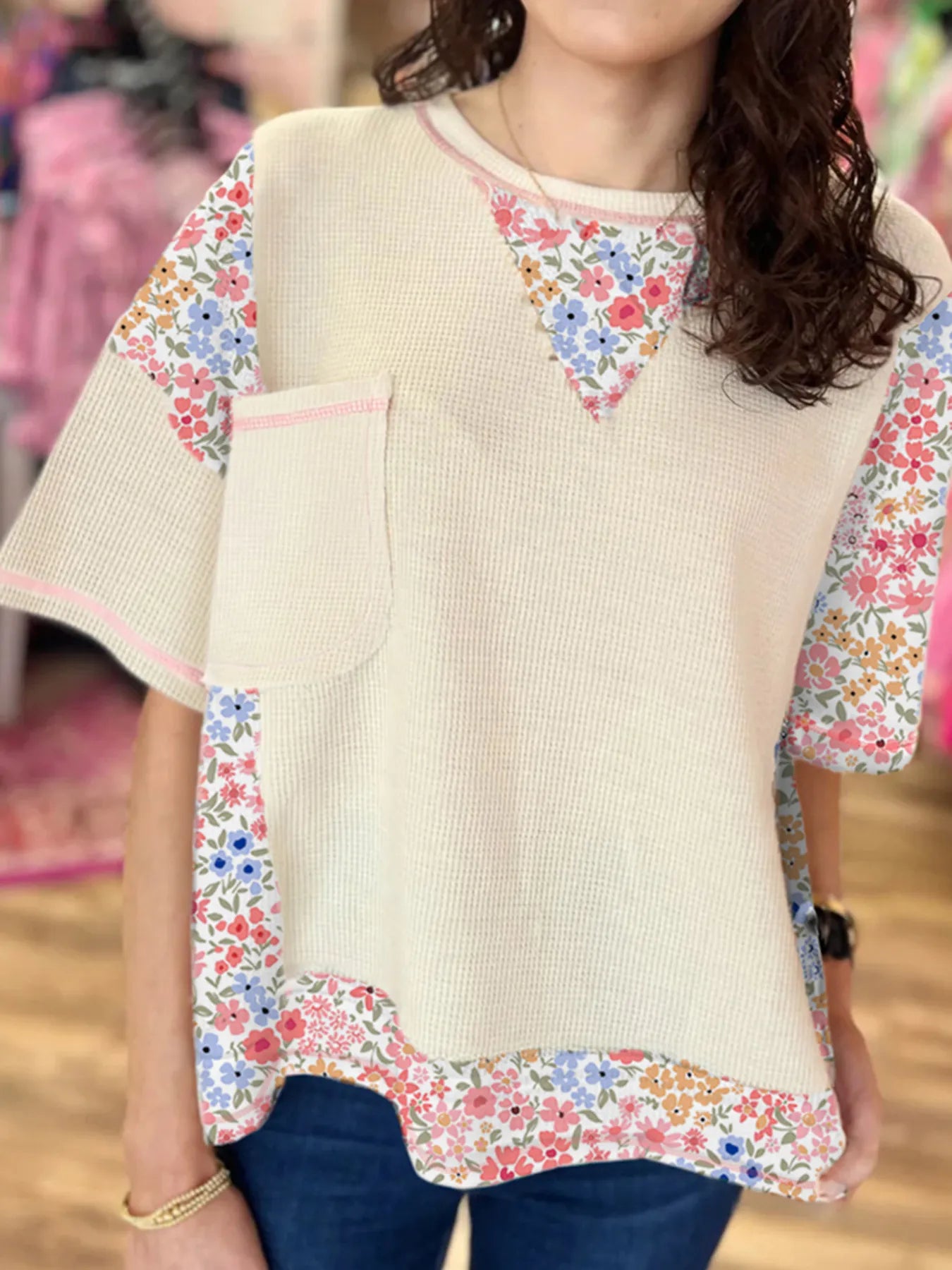 Trendsi Floral Round Neck Relaxed Fit T-Shirt Beige