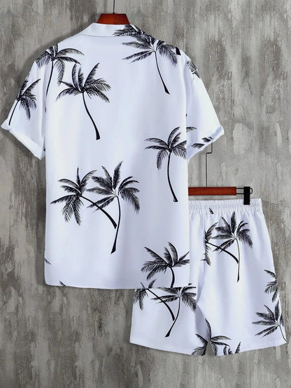 Men's Full Size Palm Print Button Up Shirt and Shorts Set Plus Size Easy Apparels