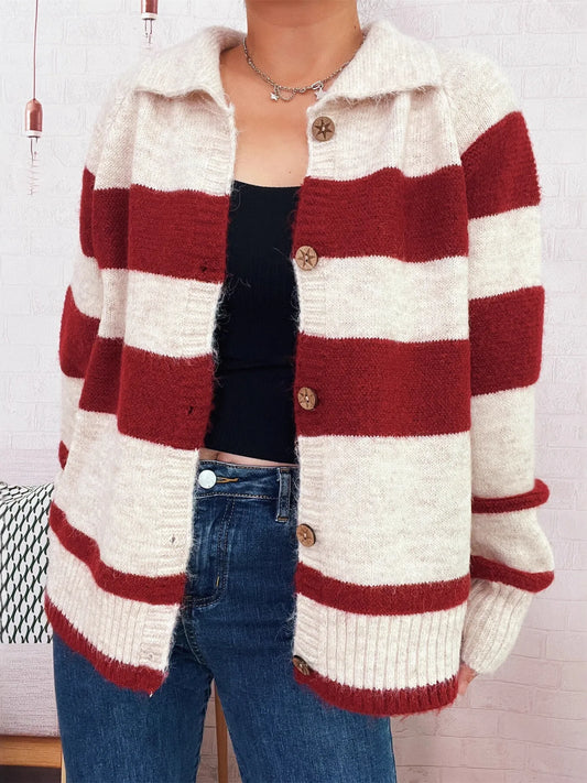 Striped Button-Up Cozy Cardigan Red One Size Easy Apparels