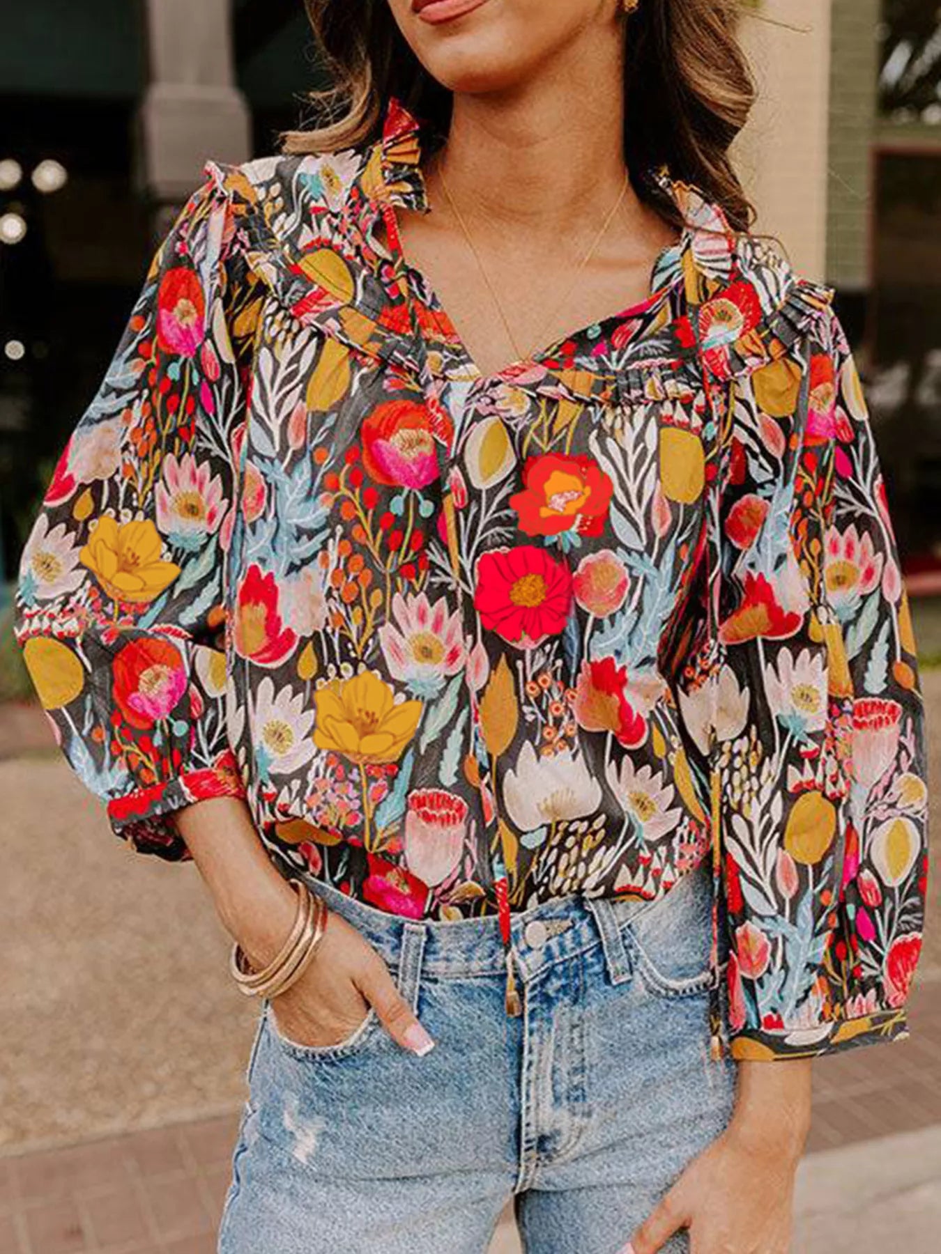 Trendsi Floral 3/4 Puff Sleeve Tied Neck Blouse Floral