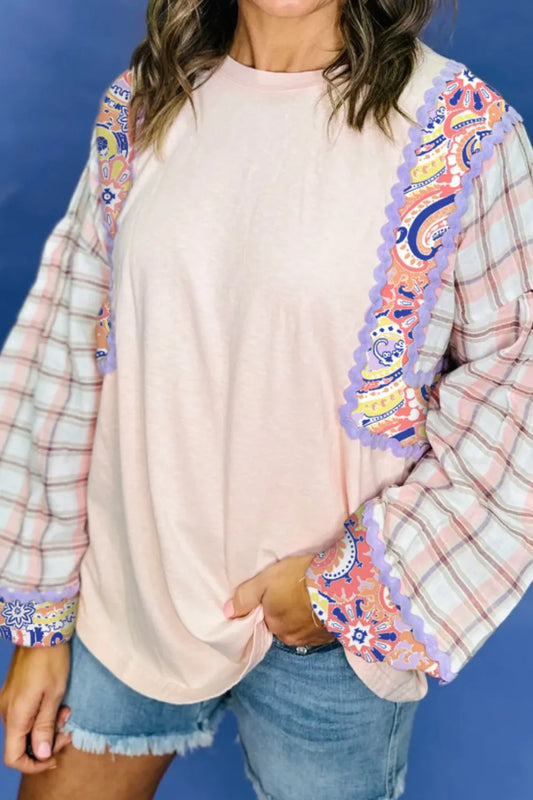 Trendsi Paisley Print Plaid Long Sleeve Oversized Top