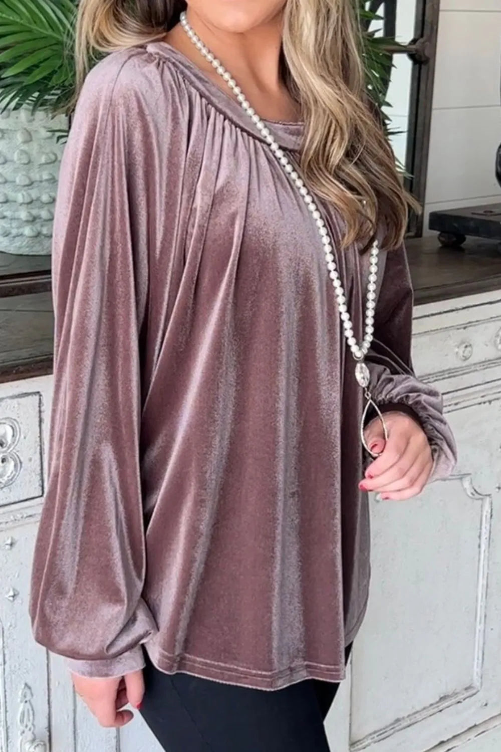 Trendsi Ruched Round Neck Raglan Sleeve Blouse
