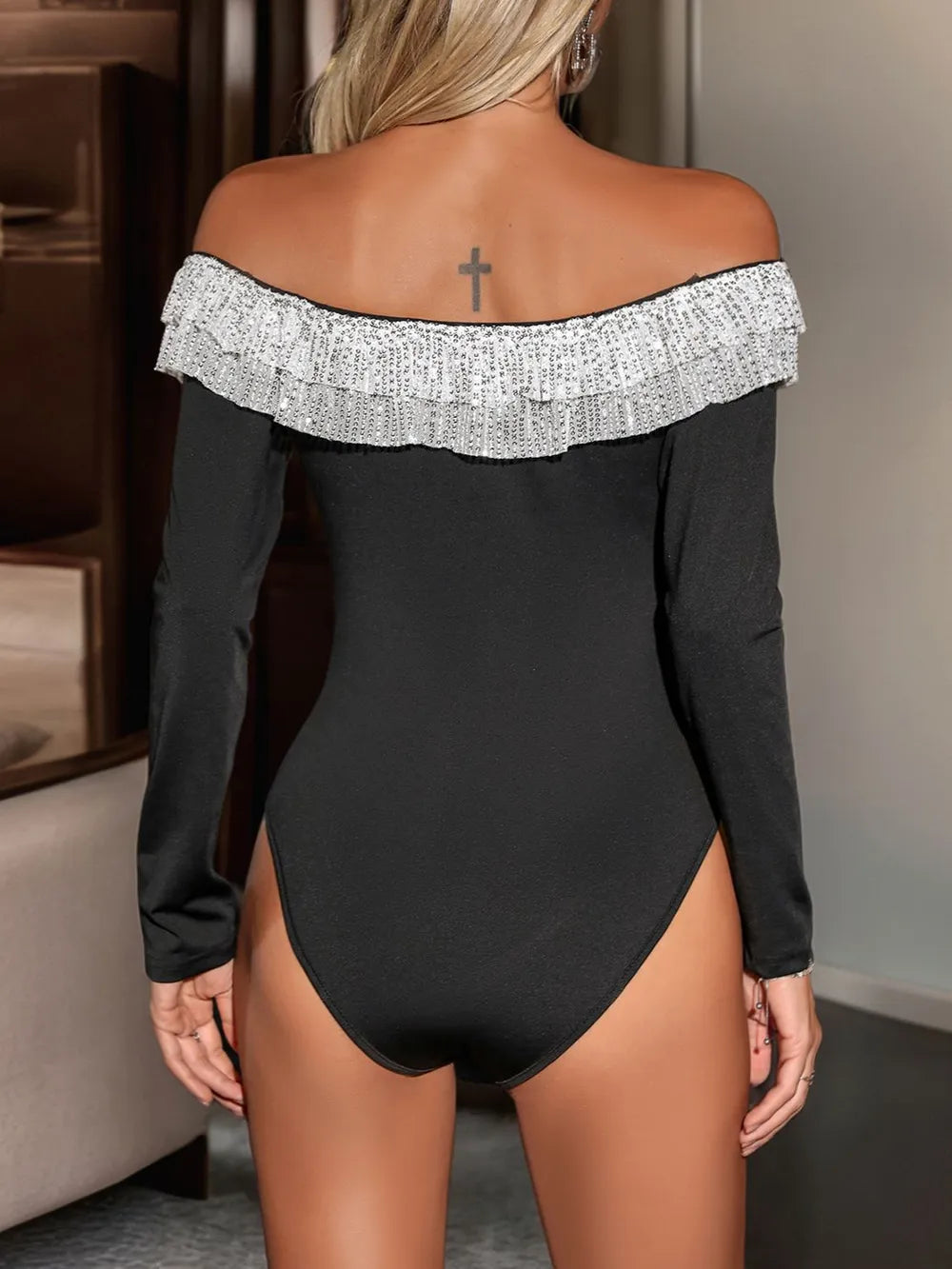 Trendsi Perfee Sequin Ruffled Off-Shoulder Long Sleeve Bodysuit