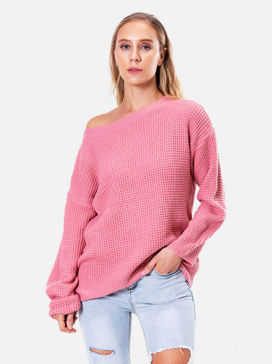 Boat Neck Drop Shoulder Long Sleeve Sweater Hot Pink Easy Apparels