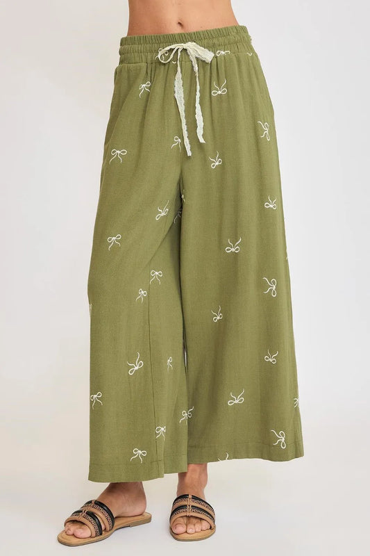 Umgee Full Size Lace Drawstring Embroidered Bow Wide Leg Pants Plus Size Yellow-Green Easy Apparels