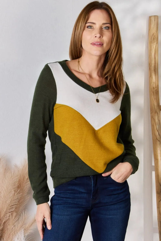 Trendsi Hailey & Co Full Size Colorblock V-Neck Blouse Olive