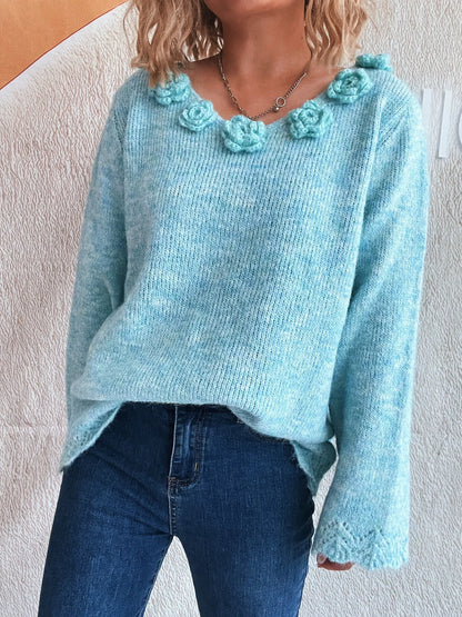 Trendsi Flower V-Neck Long Sleeve Sweater Blue One Size