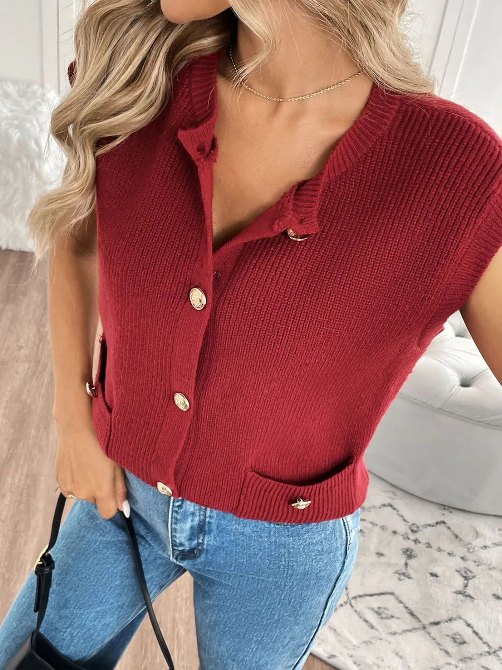 Perfee Pocketed Round Neck Cap Sleeve Cardigan Easy Apparels